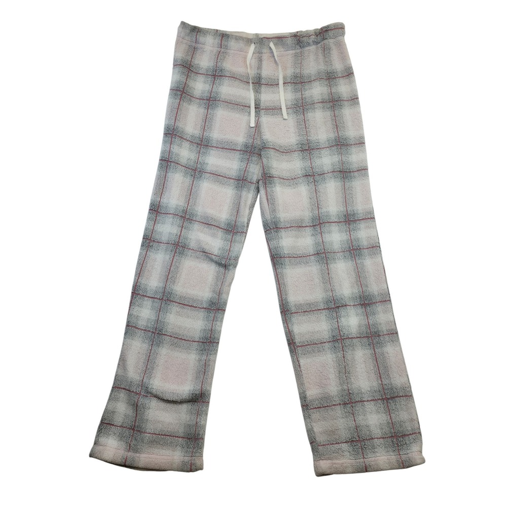 Secret Treasures Fleece Pajama Pants Women L Gray Plaid Drawstring Loungewear